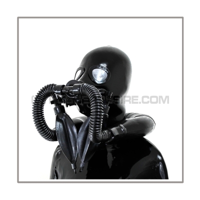 Deluxe heavyrubber gasmask-zipperhood-system with neckrespirator-rubbersmell-bag-set and 2 rebreathing bags
